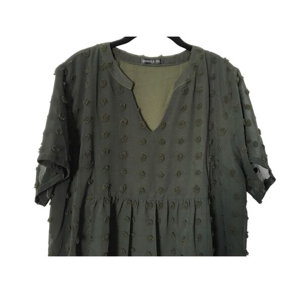 Miholl Dress Size XXL Army Green Swiss Dots Lined Short Sleeve Midi Babydoll - Picture 2 of 14